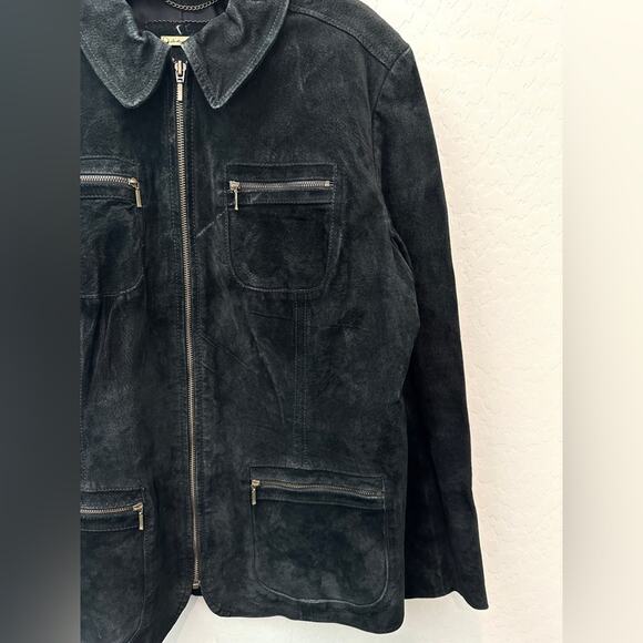 I.E. RELAXED Black Genuine Suede Leather Jacket Zip Front Utility Style | Large - Picture 4 of 8